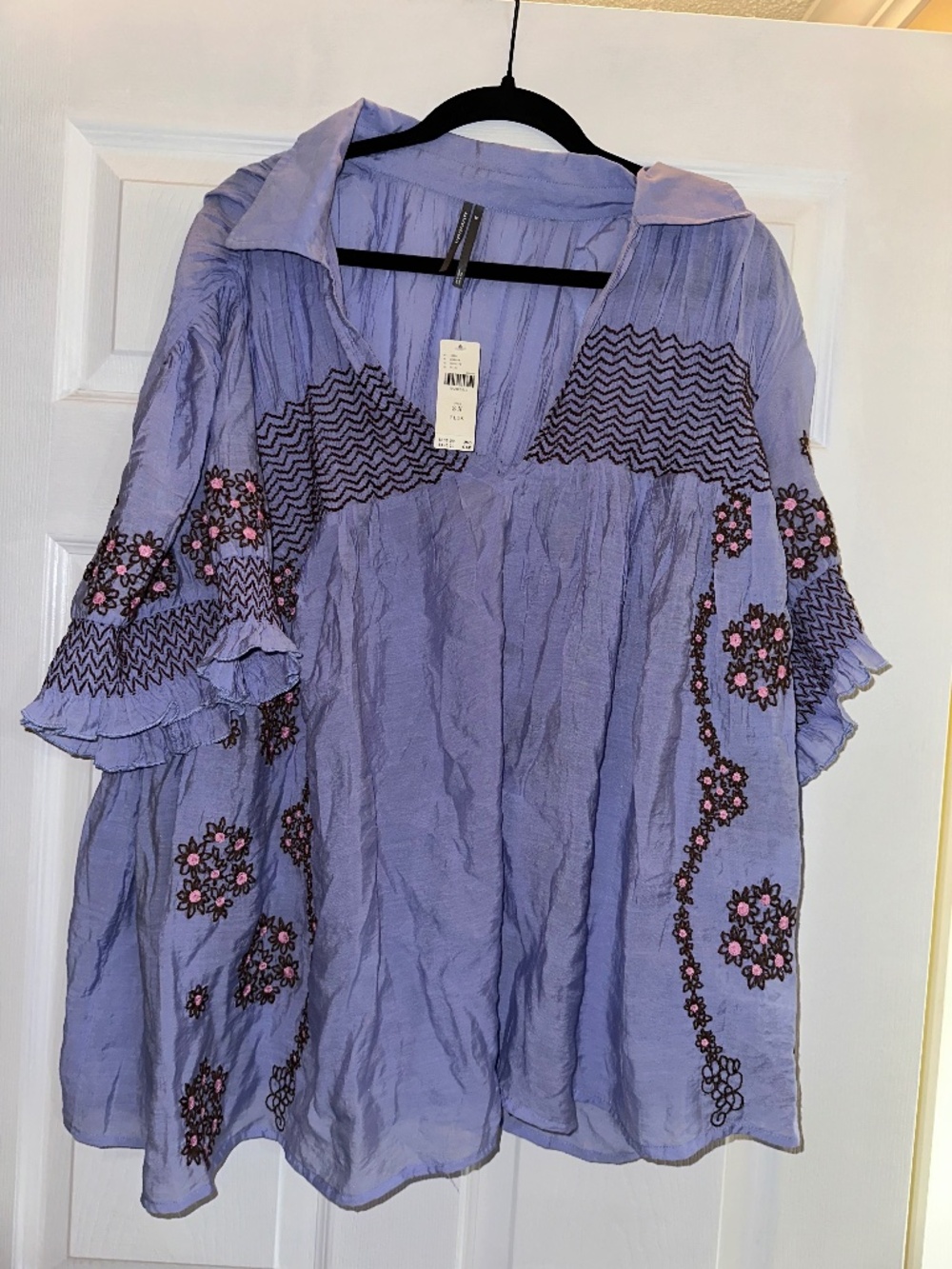 NWT Anthropologie Blue Embroidered Smocked Boho Tunic Blouse Top 3X Plus